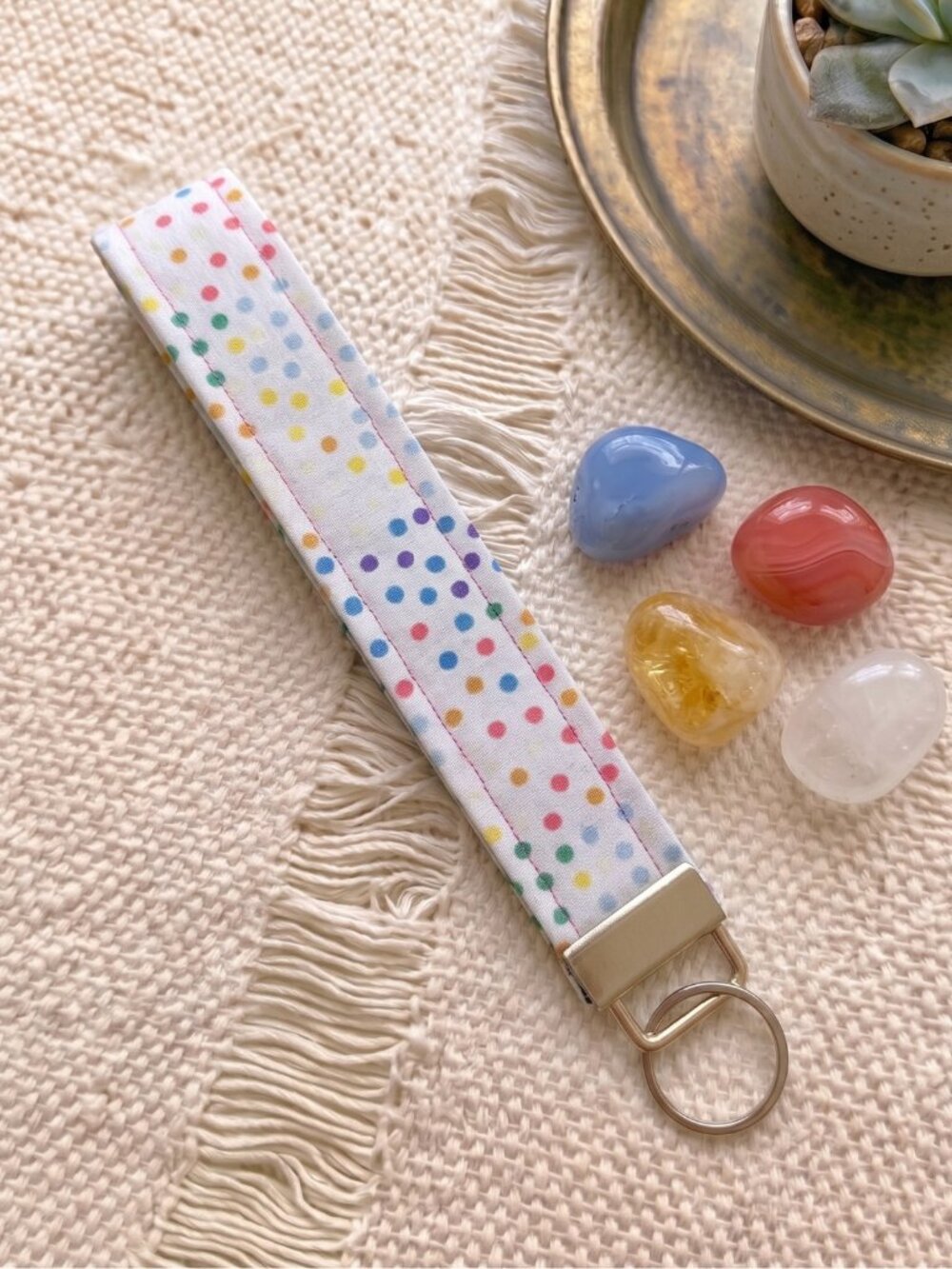 New Handmade White Rainbow Polka Dot Fabric Key Fob Wristlet Keychain